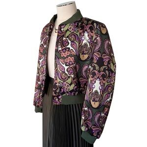 New TAHARI Porto Print Bomber Paisley Jacket Green Purple Cream Sz M
